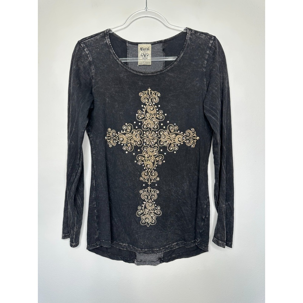 Vtg Vocal‎ Cross Top Black Grunge Gothic Rhinestone Double Graphic Small